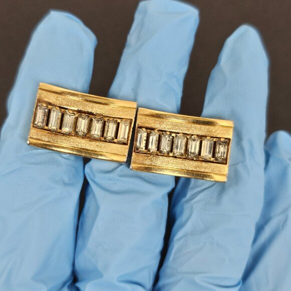 Vintage Swank Cufflinks Baguette Clear Rhinestone Gold Tone Rectangle Curved MCM - Picture 9 of 11